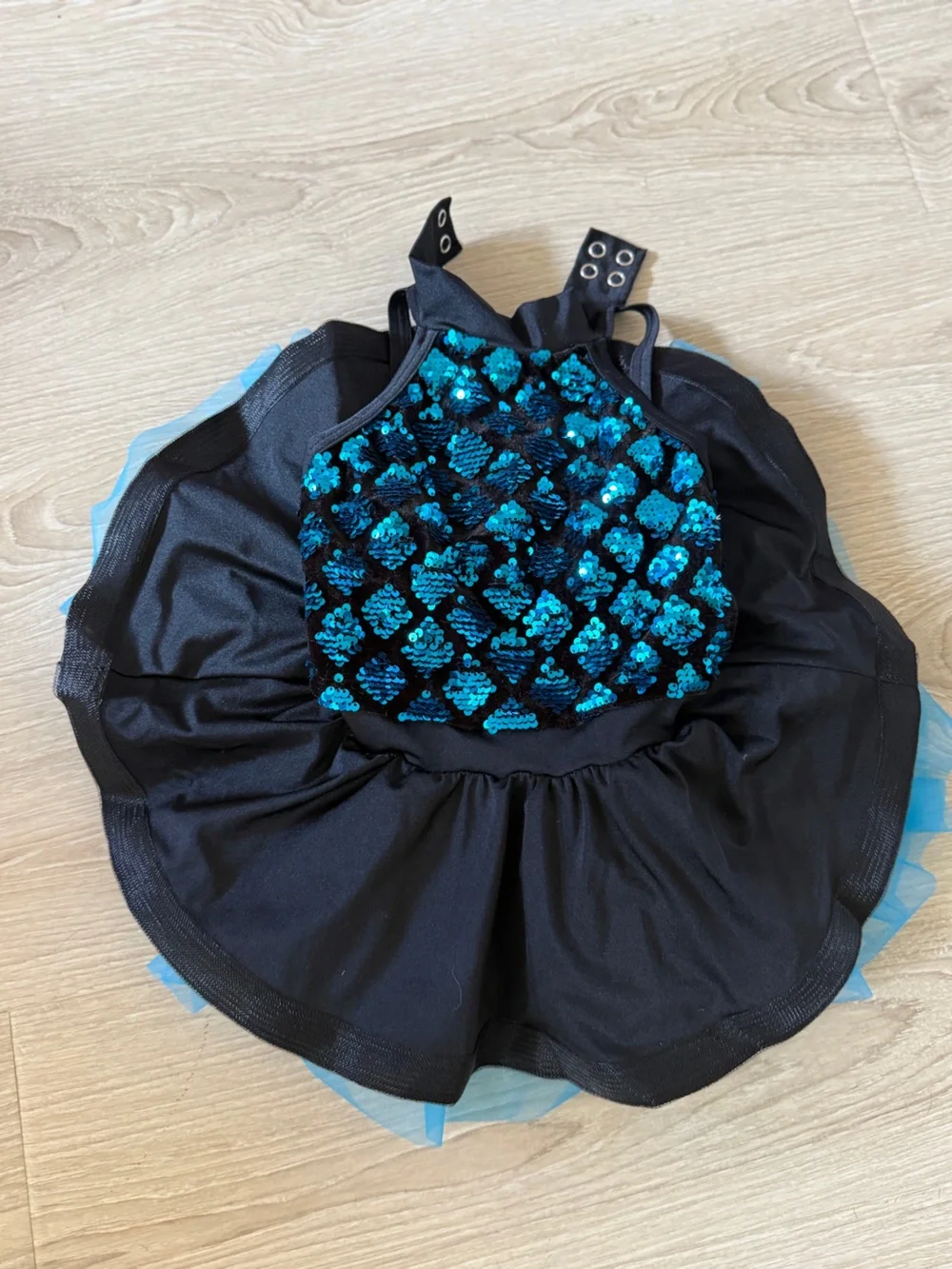 Weissman Black and Teal Sequin Dance Costume with Blue Tulle Skirt